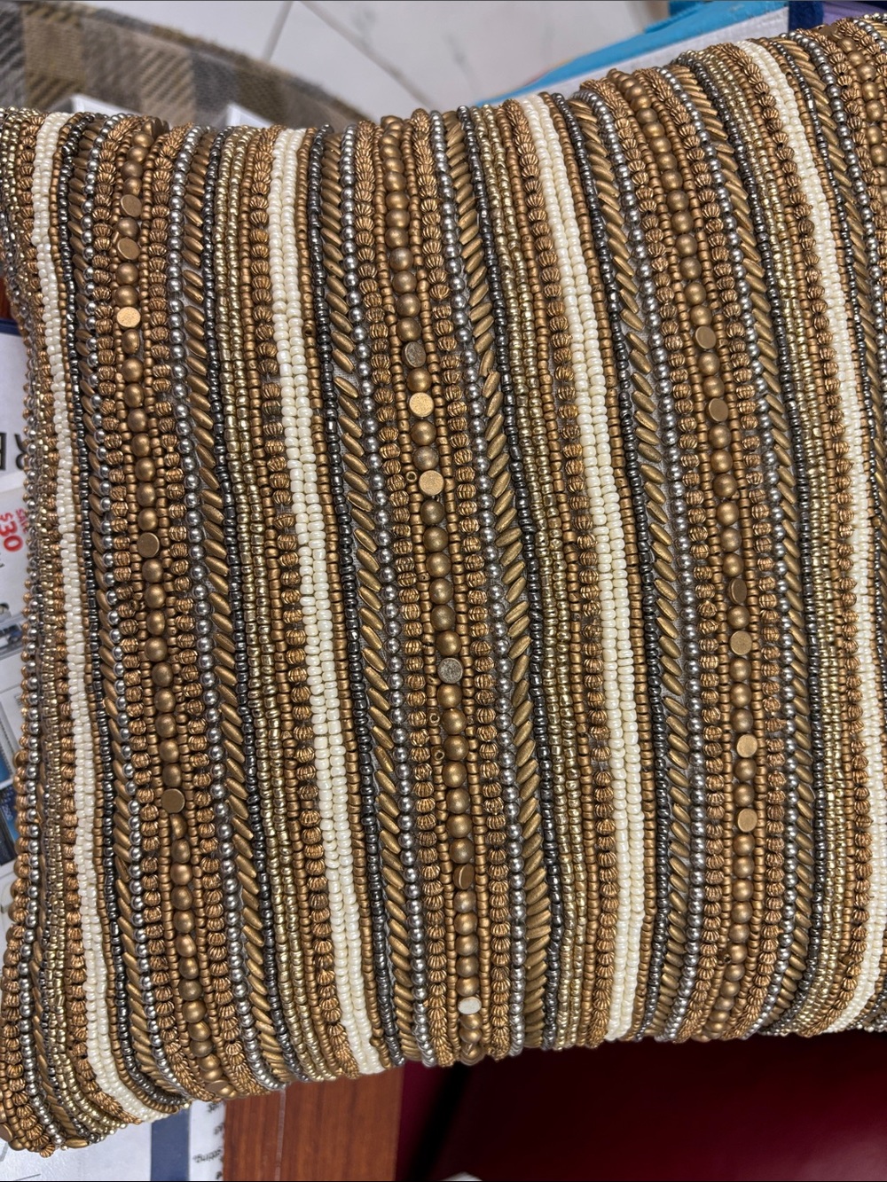 Pier 1 Beaded Gold, Silver, and Cream Decorative Pillow(tiny call out) . NWOT